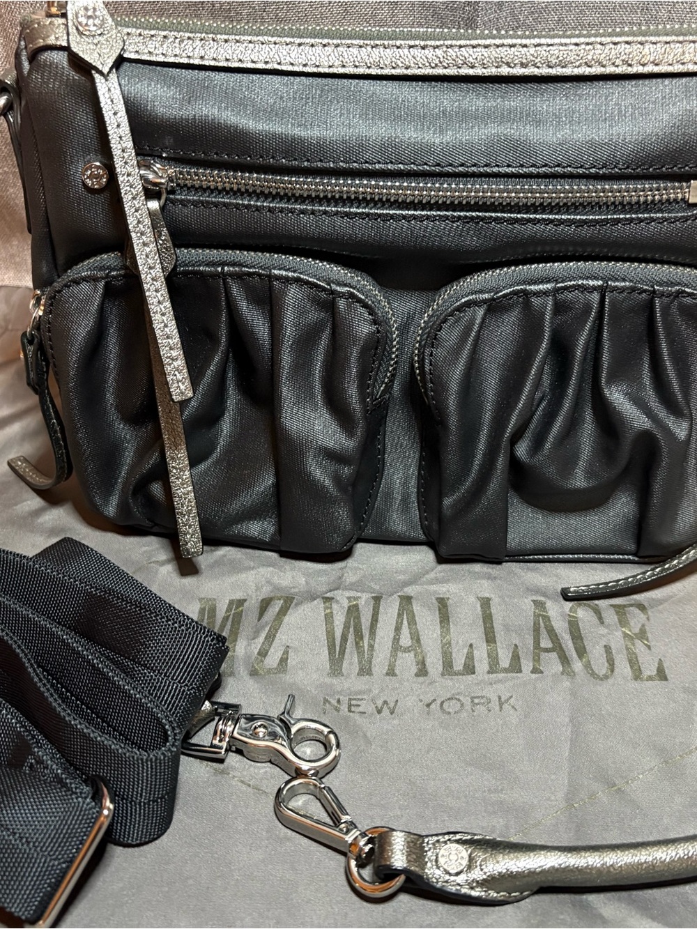 MZ Wallace Black Nylon Crossbody with Silver Accents